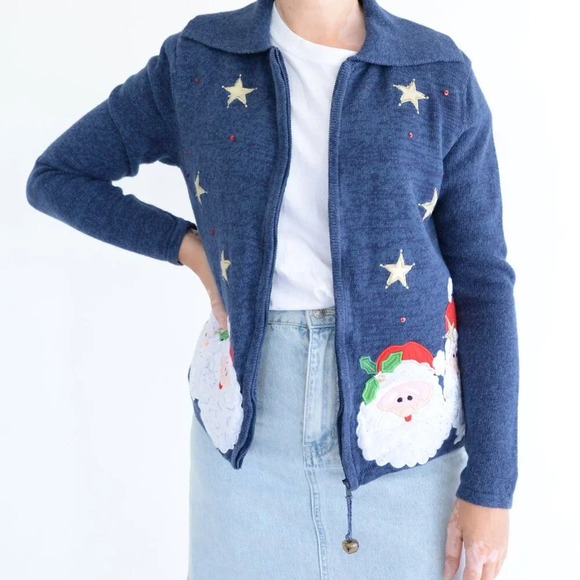 Vintage Tiara Navy Ugly Christmas Sweater Santa  Festive Zip Up Cardigan L - Picture 1 of 12